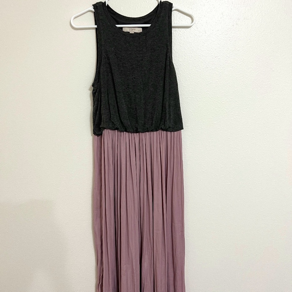 LOFT Grey & Lavender Pleated Midi Dress